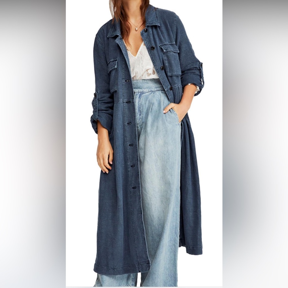Free People Womens Rainz Duster Jacket Linen Blend Maxi Dress Size M Medium